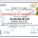 Our Employee, Rajgir Ram, was awarded by our client as Safety Man of the Month